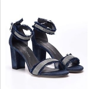 Stuart Weitzman Chaingang Frayed Denim Ankle Strap High Heel Sandals